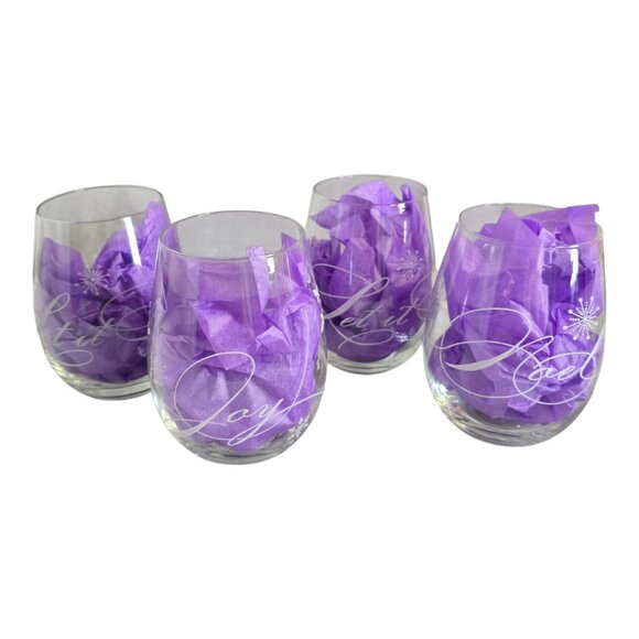 Pier 1 Imports Set (4) Etched Stemless Wine Glasses Joy Noel Snow 19 oz. - Picture 2 of 12
